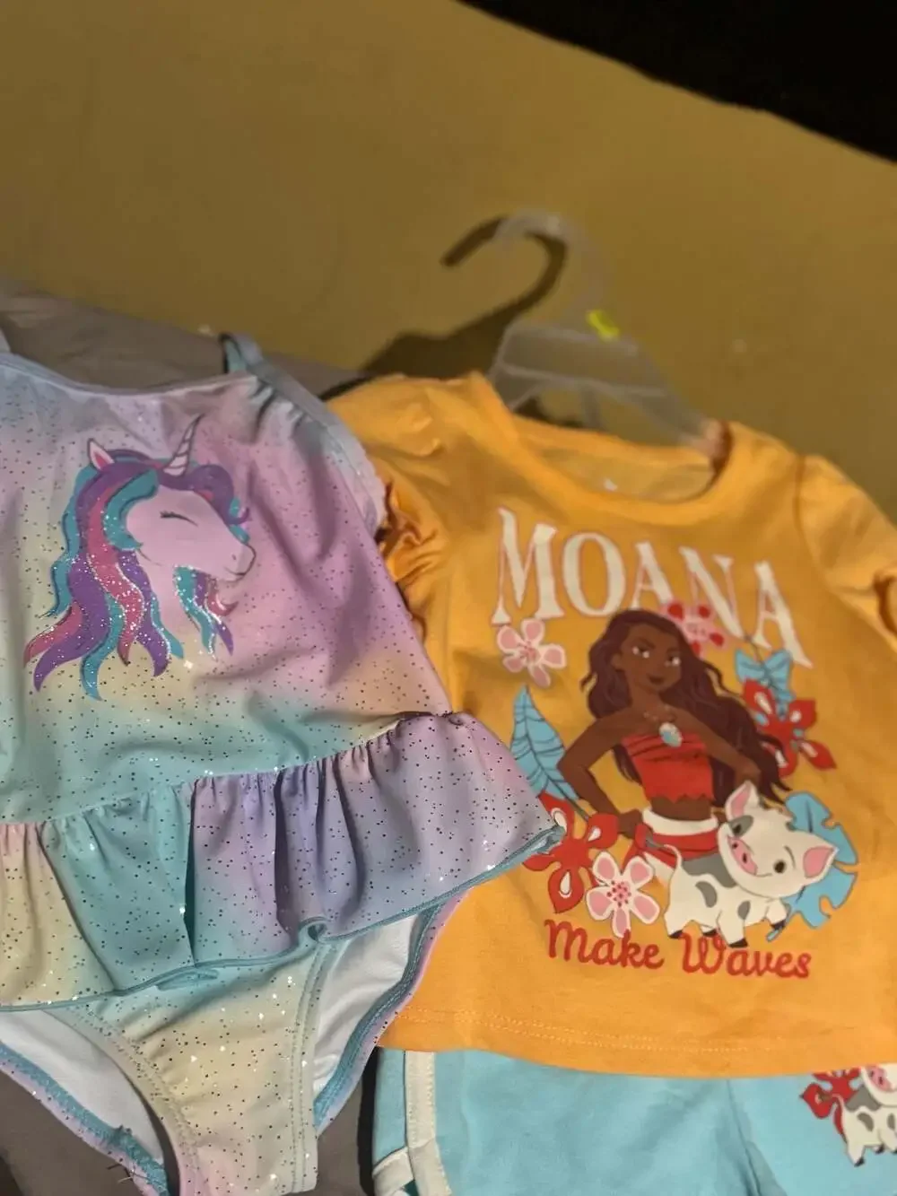 Disney Moana T-Shirt and Shorts Set & Unicorn One-Piece Swimsuit Lot